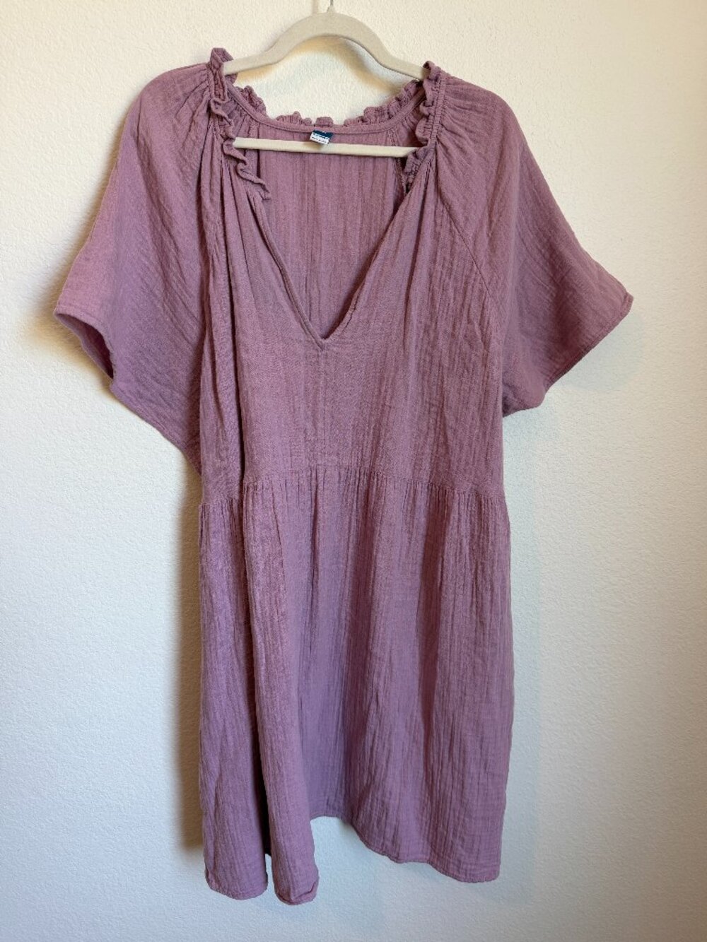 Old Navy Rose Dawn Pink Cotton Gauze Demi Swing Dress XXL V-Neck Ruffle Pockets - Picture 2 of 8